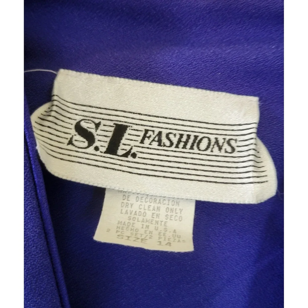Vintage Royal‎ Blue Skirt Suit Short Sleeve Embroidered Beaded 2pc Size 14 USA